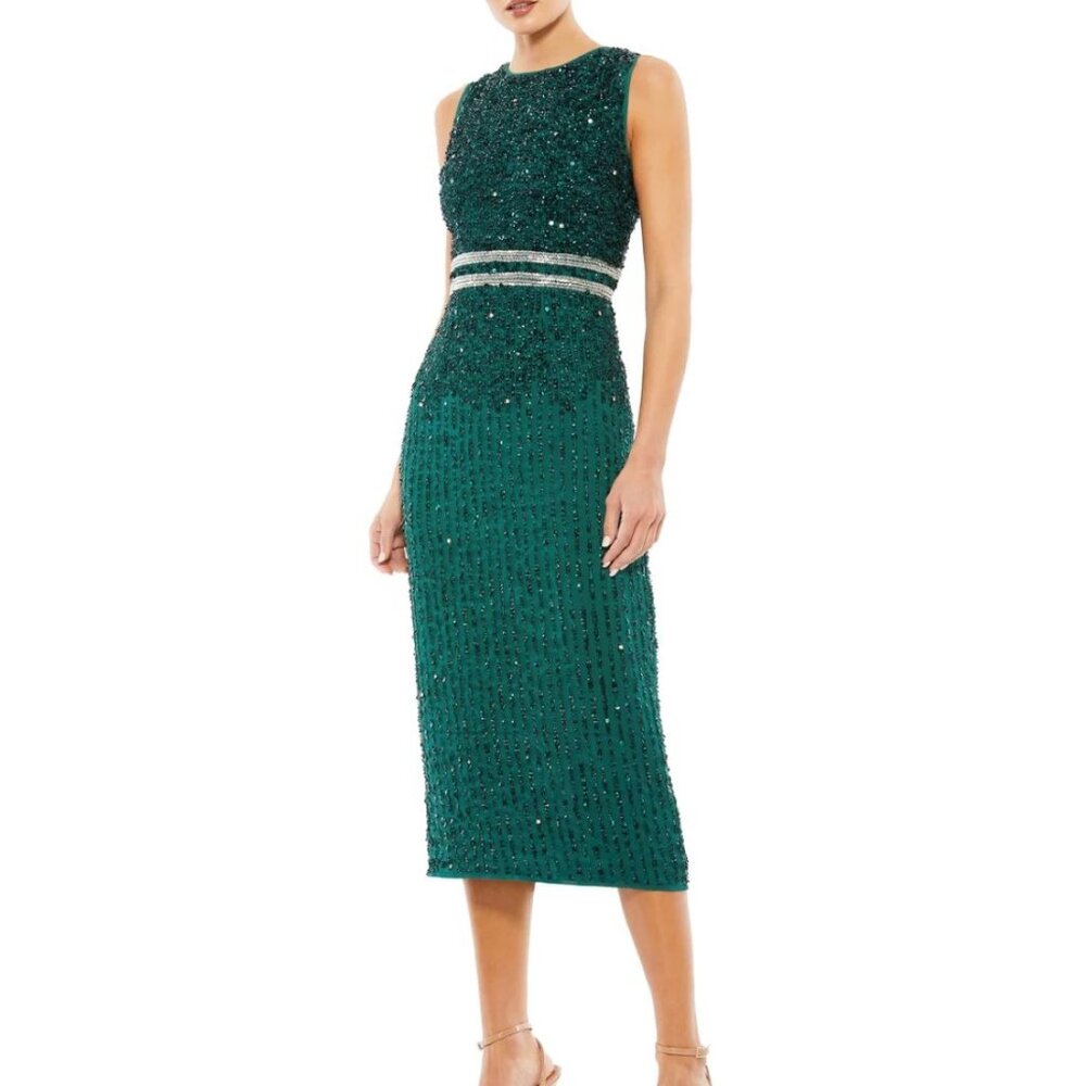NWT Mac Duggal Sleeveless High Neck Beaded Midi Sheath Dress Deep Emerald